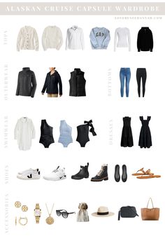 the alaska cruise capsule wardrobe is shown in black and white