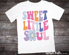 Sweet Little Soul tshirt for Toddlers and Baby Thanks for checking our shop! THIS SHIRT IS: - Poly-rich or 100% Polyester Shirt - Machine Washable - Short Sleeve - 100% Handmade in the USA (Funkytown, TX to be exact) CARE INSTRUCTIONS - Turn Garment Inside Out - Machine Wash Cold with Mild Detergent - No Bleach - No Fabric Softener - Cool or Air Dry PRODUCTION TIME & SHIPPING - All threads are handmade-to-order, just for you! - Production time is same or next day. - We ship all orders within 48h Cute Multicolor T-shirt With Name Print, Sweet Graphic Print T-shirt For Birthday, Sweet Graphic Print Birthday T-shirt, Spring Fun T-shirt With Name Print, Fun Spring T-shirt As A Gift, Fun Spring T-shirt Perfect For Gifts, Spring Fun T-shirt, Fun Spring T-shirt, Sweet Letter Print T-shirt For Gift