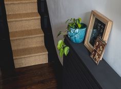 there is a plant on top of the dresser next to a framed photograph and an empty picture frame