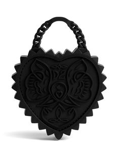 black heart motif embossed logo to the front chain-link detailing concealed magnetic fastening two top handles main compartment Goth Purse, Jet Black Heart, Heart Tote Bag, Open Your Heart, Patent Leather Handbags, Heart Motif, Saint Laurent Bag, Black Tote, Black Heart