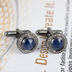 4.73 Ct Genuine Blue Sapphire Cufflinks Solid 925 Sterling Silver Pave Diamond Men's Jewelry Cuff Li Sapphire Cufflinks, Ear Wrap Earrings, Diamond Cufflink, Pave Diamond Jewelry, Pave Jewelry, Mens Fashion Jewelry, Stone Bangle, Jewelry Rings Diamond, Silver Cufflinks