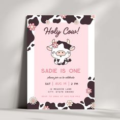 a pink and brown cow birthday party card