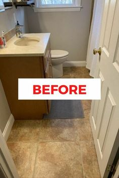 before and after pictures of a bathroom remodel with tile flooring, countertop sink, and toilet