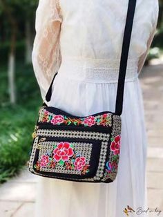 BirdinBag - Chic Vacation Crossbody Bag with Delicate Floral Embroidery and Small Zipper Floral Embroidered Shoulder Bag For Travel, Spring Travel Shoulder Bag With Embroidery, Floral Embroidered Satchel Shoulder Bag For Travel, Spring Embroidered Shoulder Bag For Travel, Embroidered Shoulder Bag For Travel In Spring, Travel Shoulder Bag With Multicolor Floral Embroidery, Floral Embroidered Crossbody Travel Bag, Floral Embroidered Pouch Shoulder Bag For Travel, Casual Travel Shoulder Bag With Floral Embroidery