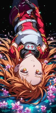 an anime character laying on the ground with her head above water and flowers around her