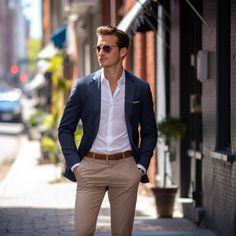 Look Casual Hombre, Casual Blazer Outfits Men, Business Casual For Men, Men Wedding Attire Guest, Navy Blazer Outfits, Smart Casual Blazer, Blue Blazer Outfit