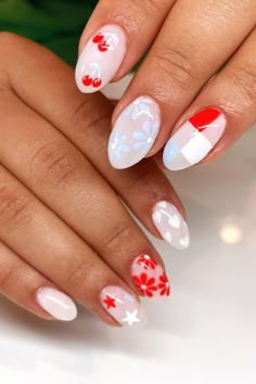 Cutest Milky White July Nails Acrylic Nails One Finger Design, 4th Of July Cherry Nails, Pearlescent Nails With Design, Cherry And Flower Nails, Aesthetic 4th Of July Nails, 4th Of July Nails Aesthetic, Neutral Fourth Of July Nails, Cherry Summer Nails, Gel Star Nails