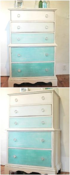 two pictures of an old dresser with blue paint and white drawers, one is empty