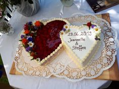 two heart shaped cakes sitting on top of a table