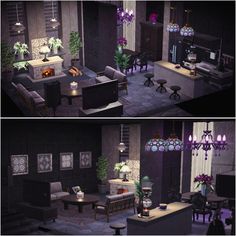 two pictures of a living room and dining area