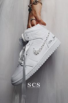 Personalized Bridal Shoes | Bride's Wedding Sneakers | solecraftstudio Aj1 Mid, Custom Jordans, Sneakers Addict, Craft Studio, Custom Sneakers