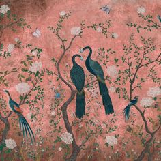 two birds sitting on top of a tree next to flowers and trees with pink sky in the background