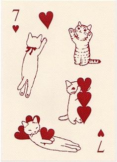 playing cards with cats and hearts in red ink on white paper, each card has an individual's hand holding a heart