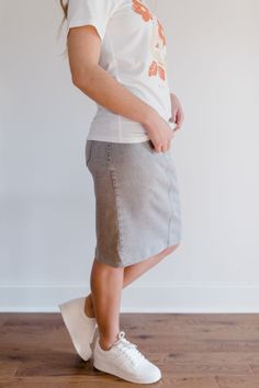 This soft denim skirt has a vintage wash for that lived in look we love. It is made from a quality, stretch denim to ensure a modest and flattering fit. Featuring a wide waistband for extra comfort and easy styling. This skirt was designed with everyday wear in mind and will pair well with just about any casual top in your wardrobe. 75% Cotton 23% Polyester 2% Spandex Wash Cold Gentle Cycle Hang to Dry Low Iron if Needed Model Height 5'6" | Wearing Size 4 in 23" Length Please carefully measure y Spring Mid-rise Washed Denim Skirt, Casual Medium Wash Stretch Skirt, Summer Stretch Denim Skirt Straight Leg, Spring Stretch Soft-washed Bottoms, Soft-washed Medium Wash Bottoms For Spring, Spring Medium Wash Soft-washed Bottoms, Spring Soft-washed Medium Wash Bottoms, Casual Stretch Denim Skirt In Medium Wash, Casual Stretch Medium Wash Denim Skirt