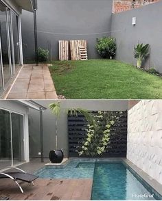 two pictures of a small backyard with a pool