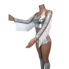 Holographic Fringe Silver Shattered Glass Arm Sleeves – Peridot Clothing #fringe #fringeoutfit #raveoutfit #festivaloutfit #burningman #burningmanoutfit #ultramusicfestival #silverclothing #holographic #holoclothing #holographicoutfit Space Cowboy Rave Outfit, Long Sleeve Fringe Tops For Festivals, Rave Cowgirl, Rave Arm Sleeves, Rave Outfits Mermaid, White Fringe Festival Cover-up, Space Cowgirl Costume, Majorette Dance Uniforms, Majorette Outfits