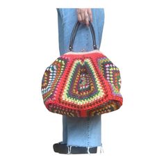 Granny spuare bag. Crochet red tote bag. Color cotton with lining.