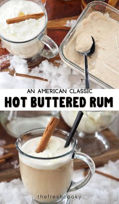 an american classic hot buttered rum is served in two mugs with cinnamon sticks and whipped cream