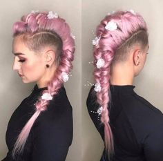 Sick Hairstyles, Long Hair Mohawk, Half Shaved Head Hairstyle, Ink Dragon, Goth Hairstyles, Braided Mohawk Hairstyles, Shaved Hair Women, Braids With Shaved Sides, Hair References