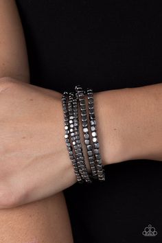 A dainty collection of glistening gunmetal cube beads are threaded along stretchy bands around the wrist, creating edgy layers.   Sold as one set of four bracelets. Edgy Silver Beaded Jewelry, Adjustable Gunmetal Edgy Jewelry, Edgy Gunmetal Jewelry With Adjustable Fit, Gunmetal Jewelry, Cube Beads, Mixed Metal Jewelry, Toggle Bracelet, Black Bracelets, Fashion 2024