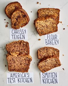 four different types of bread with labels on them