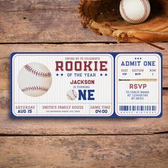 baseball ticket with bat and ball on wooden background for sports birthday party or baby shower