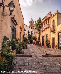 an empty street with many buildings and plants on the side walk in front of it