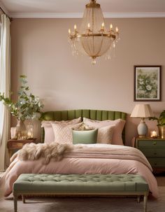 Transform your bedroom into an elegant sanctuary with soft blush tones and bold green accents. The tufted bench, vintage-inspired chandelier, and lush greenery create a luxurious and timeless atmosphere. This design blends classic charm with a modern twist for a truly serene retreat. Perfect for anyone who loves sophisticated and cozy bedroom decor. #ElegantBedroom #GreenAndBlushDecor #VintageChic #BedroomInspo #TimelessDesign #CozyRetreat #BedroomGoals #HomeDecorIdeas Green And Blush Bedroom, Blush Bedroom, Cozy Bedroom Decor, Feminine Bedroom, Bedroom Decor Cozy, Blush Tones