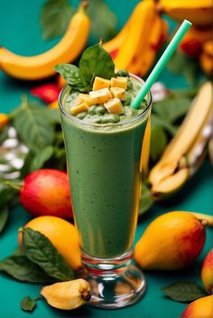 a green smoothie in a tall glass surrounded by fruit and leaves on a blue surface