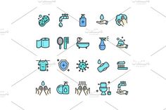 blue and green line icons on white background, including hand sanitizer, soap dispenser, toothbrush, mouthwash bottle, face mask