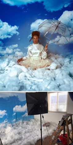 two photos, one with a woman sitting on clouds and the other with an umbrella