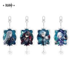 four keychais with anime characters on them, one is blue and the other has white