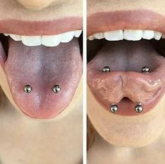 two pictures of a woman's tongue with piercings on it, and the bottom one is open