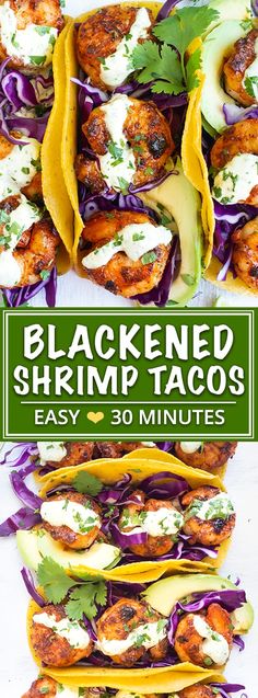 black - fried shrimp tacos with avocado and cilantro sauce on top