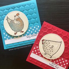 two handmade cards with chickens on them