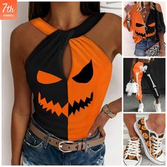 Halloween styles are ready 👻👻 #halloween #halloweencostumes #halloweencostumesoutfits Beach Clothing, Halloween Graphic, Halloween Orange, Summer Streetwear, Color Block Top, Halloween Women, Print Tank, Printed Tank Tops, Summer Tops