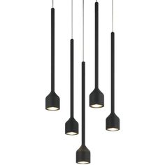 three black pendant lights hanging from the ceiling with one light on each side and two lamps above