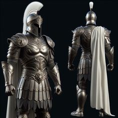 the armor is made up of metal and has a white cape on one side, and a silver helmet on the other