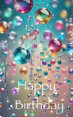 an image of happy birthday card with colorful bubbles and beads on the blue sky background