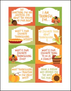 four thanksgiving cards with pumpkins, cornucts and other things to say on them