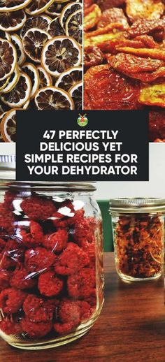 several jars filled with different types of food and the words 47 perfectly delicious yet simple recipes for your dehydraator