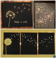 three pictures with lights on them and some dandelions in the middle, one is made to look like a dandelion