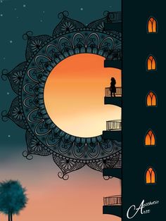 an illustration of a person sitting on a balcony at night with the moon in the background