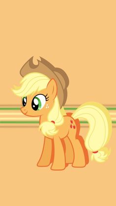 a little pony sitting on top of a brown and green striped wallpaper with an orange background