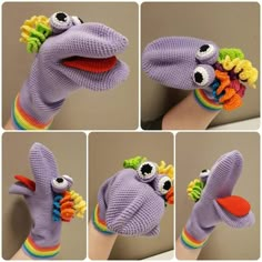 four pictures of the same hand with different knitted items on it, including an animal's head and hands