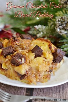 german chocolate cake bread pudding on a white plate