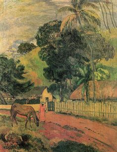 a painting of a horse grazing on the side of a road with houses in the background