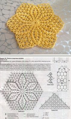 crocheted doily is shown with instructions to make it look like hexagonals