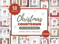 Hey there!  These Christmas Advent Instagram post and stories bundle includes everything you need to countdown to Christmas. You can successfully market your business with offers, new product alerts plus so much more. It comes with 25 Instagram grid posts and 25 story templates specifically designed to increase engagement and interaction on the countdown to Christmas. They are ready to use instantly and can be easily customised using Canva (which is free). You can change the colours, fonts, and Advent Calendar Instagram, Holiday Instagram Stories, Countdown Template, Real Estate Social Media, 25 Days Of Christmas, Instagram Grid, Downloadable Templates, Days Until Christmas, Story Templates