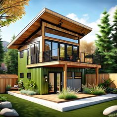 this is an artist's rendering of a modern house in the woods with lots of greenery